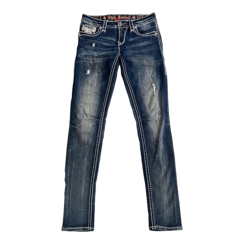 Rock Revival Size 27 Pilkin Skinny Jeans Mid-Rise Thick‎ Stitch Stretch Denim